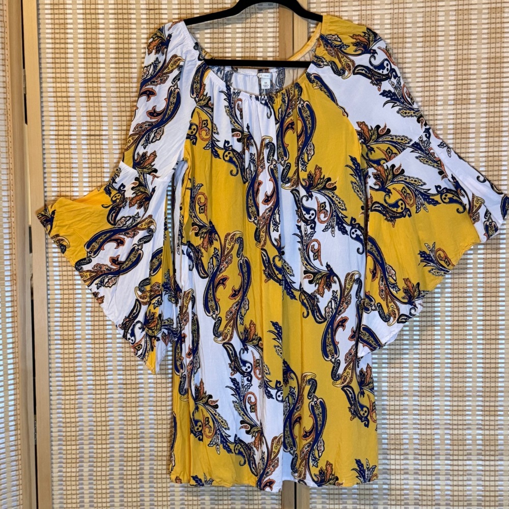 EST. 1946 Women Yellow Blue Paisley Bell Sleeve Off Shoulder‎ Mini Dress Size M